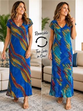 Jasmine KC Reversible Mesh Maxi Dress | Multicolor Abstract Print | Size M NWT
